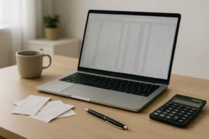 a laptop and calculator on a desk