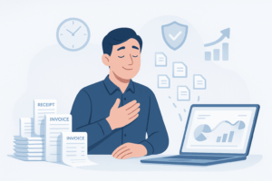 Illustration af en glad virksomhedsejer foran en computer med grafer, hvor bilag og fakturaer automatisk bliver digitaliseret og bogført – symbol på tidsbesparelse og sikkerhed med automatisk bogføring